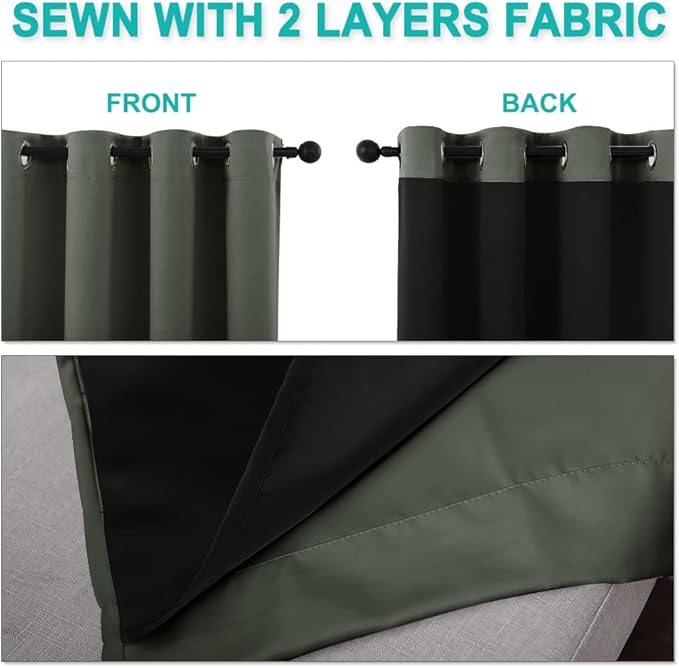 NICETOWN Dark Mallard 100% Blackout Lined Curtains, 2 Thick Layers Completely Blackout Window Treatment Thermal Insulated Drapes for Kitchen/Bedroom (1 Pair, 52" Width x 63" Length Each Panel)