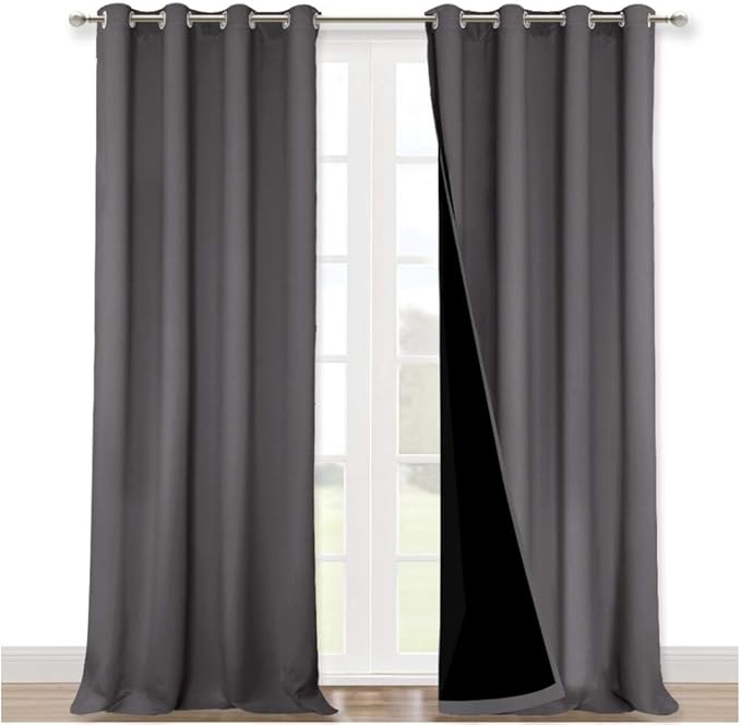 NICETOWN Total Shade Curtains and Draperies, Heavy-Duty Full Light Shading Drapes with Black Liner Backing for Villa/Hall/Dorm Window（Gray, Package of 2, 52 inches Wide x 95 inches Long