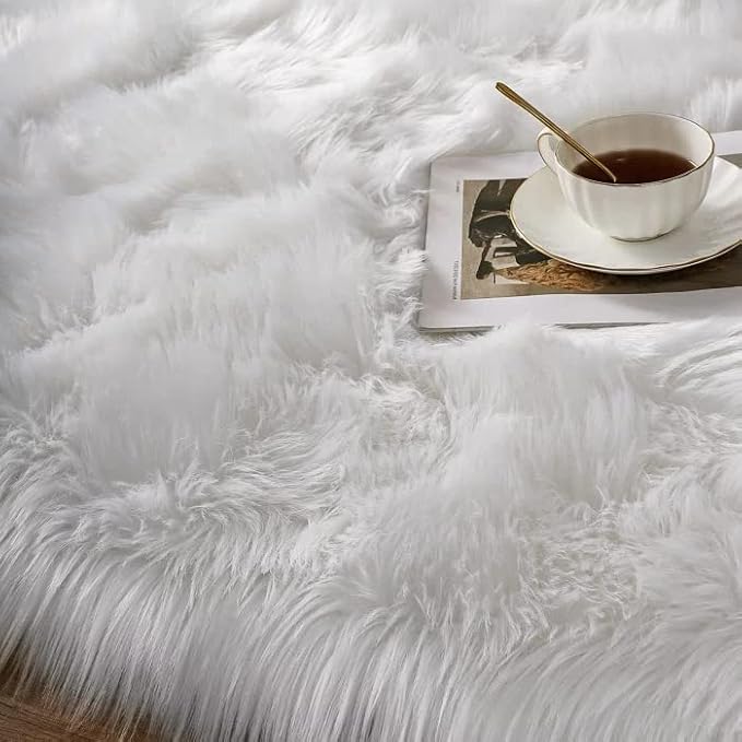 ORINOVA White Fluffy Washable Shag Area Rugs for Bedroom Faux Sheepskin Fur Rug 4x6 Furry Nursery Rug Teen Room Home Décor