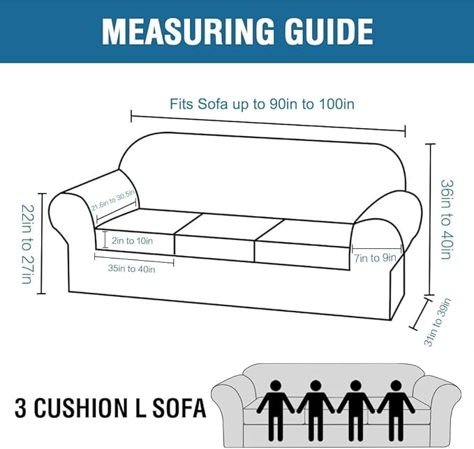 H.VERSAILTEX 4 Piece Stretch Sofa Covers for 3 Cushion Couch Covers for Living Room Furniture Slipcovers (Base Cover Plus 3 Seat Cushion Covers) Thicker Jacquard Fabric (Large Sofa, Dusty Blue)