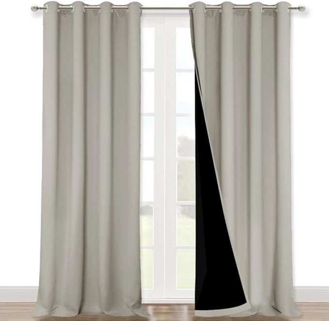 NICETOWN Natural 100% Blackout Curtains for Windows, Pack of 2, 52 inches W x 102 inches L, Super Heavy-Duty Black Lined Total Darkness Drapes for Bedroom, Privacy Assured Window Treatment for Patio