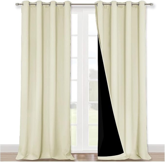 NICETOWN Living Room Completely Shaded Draperies, Privacy Protection & Noise Reducing Ring Top Drapes, Black Lined Insulated Window Treatment Curtain Panels (Beige, 2 Pieces, W52 x L102)