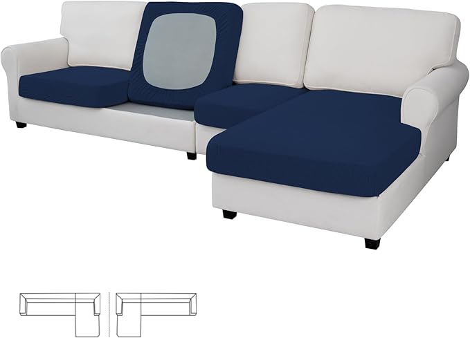 Easy-Going Stretch 4 Pieces Couch Cushion Covers for Sectional Sofa Left/Right L Shape Chaise Lounge Sofa Seat slipcover Anti-Slip Sofa Cover Soft (3 Seater + 1 Chaise, Navy)