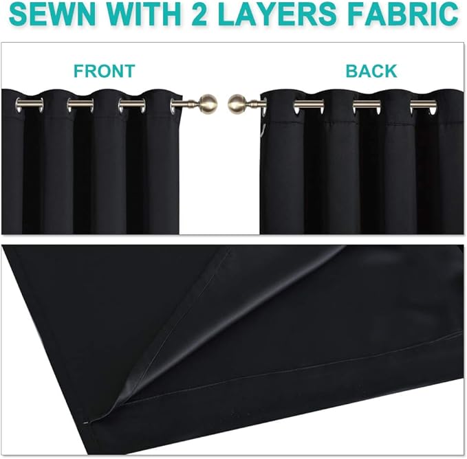 NICETOWN Extra Long Truly Blackout Drapes for Hall and Villa, 46-inch Width Each Panel, 96-inch Length, Black, 2 Pieces, 100% Blackout Window Curtain Panels with Black Lined for Night Shift Worker