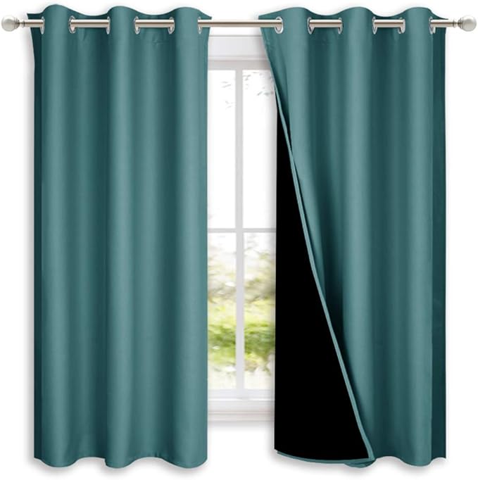 NICETOWN 100% Blackout Curtains 54 inches Long, Sea Teal, 1 Pair, 42 inches Width Each Panel, Double-Deck Completely Blackout Window Treatment Thermal Insulated Lined Drapes for Small Window