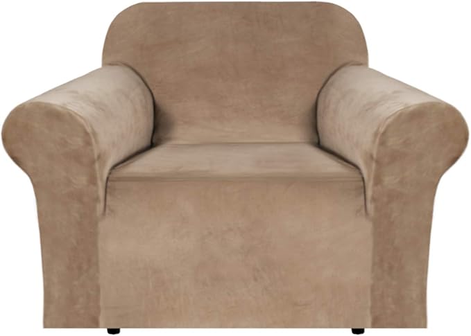 H.VERSAILTEX Stretch Velvet Armchair Cover Couch Covers 1 Cushion Chair Slipcover for Living Room Furniture Cover Crafted from Thick Comfy Rich Velour (Chair 31"-49", Camel)