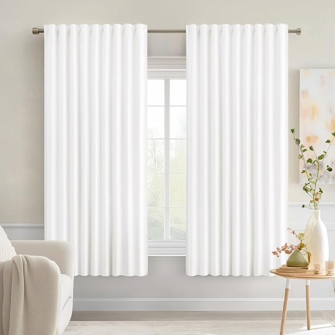 MIULEE Pure White Back Tab Light Blocking Curtains 63 Inch Length 2 Panels Set for Living Room Bedroom Privacy, Rod Pocket/Pinch Pleat Thermal Insulated Room Darkening Pleated Blackout Drapes