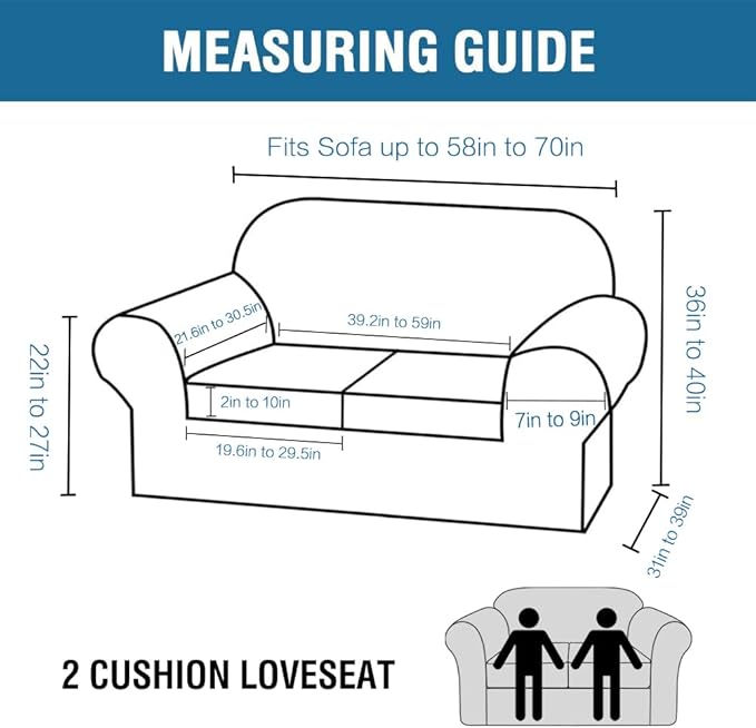 H.VERSAILTEX 3 Piece Stretch Sofa Covers for 2 Cushion Loveseat Couch Covers for Living Room Sofa Slipcovers (Base Cover Plus 2 Seat Cushion Covers) Thicker Jacquard Fabric(Medium Sofa, Dusty Blue)