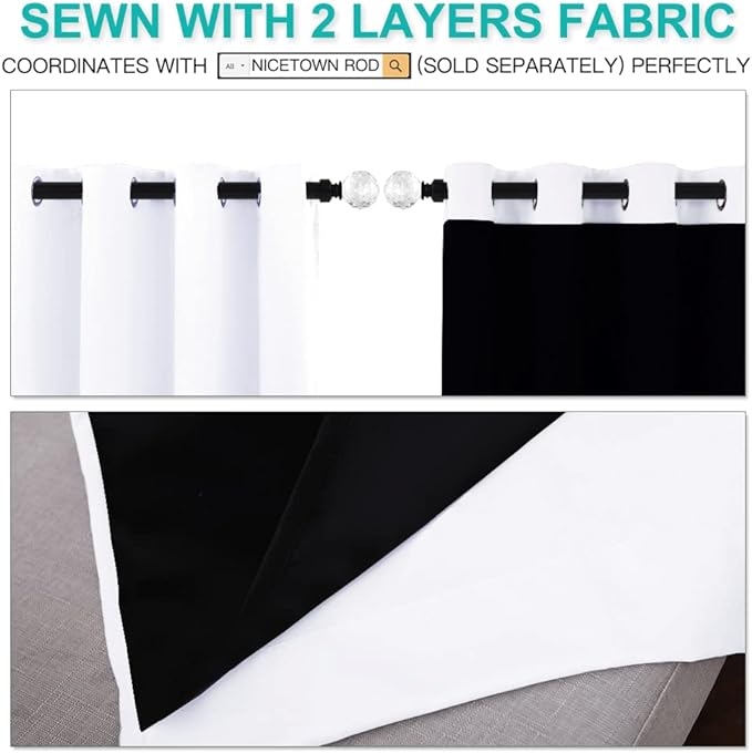 NICETOWN White 100% Blackout Lined Curtains, 2 Thick Layers Completely Blackout Window Treatment Thermal Insulated Drapes for Kitchen/Bedroom (1 Pair, 70 inches Width x 63 inches Length Each Panel)