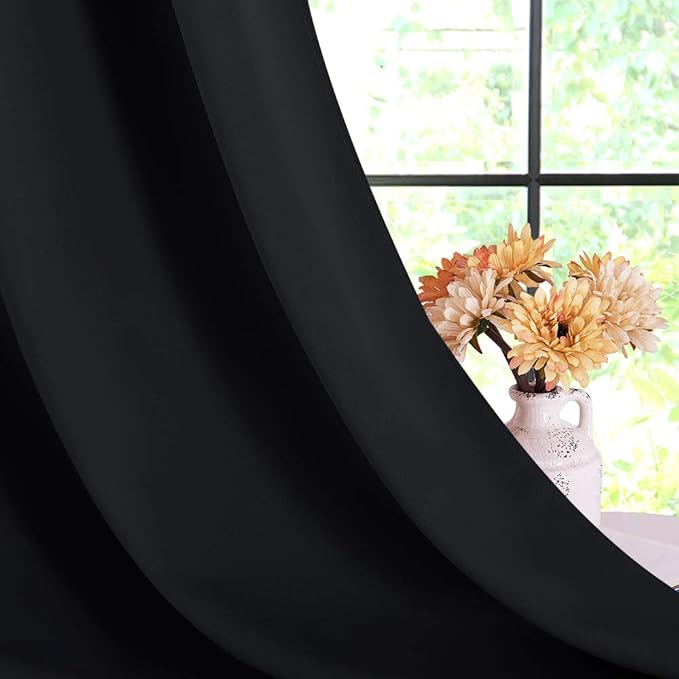 NICETOWN Bathroom Blackout Curtains and Drapes, Black Solid Thermal Insulated Grommet Blackout Drapery Panels for Window (2 Panels, 70 inches Wide by 54 inches Long, Black)