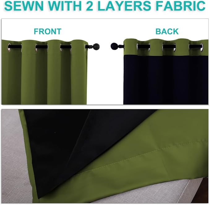 NICETOWN Blackout Curtains 84 inches Long, 2 Pieces, 42" Wide Each Panel, Olive Green, Full Light Blocking Drapes with Black Liner for Nursery, Thermal Insulated Draperies for Hall, Villa