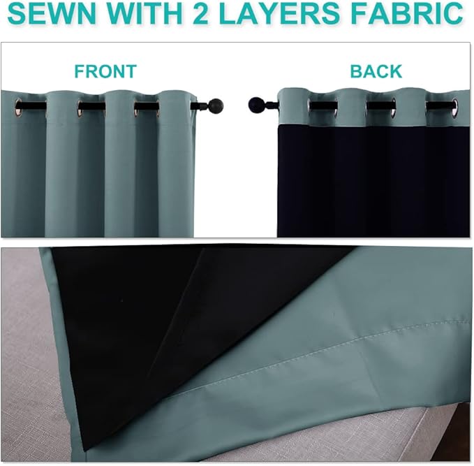 NICETOWN 100% Blackout Lined Curtains, 2 Thick Layers Completely Blackout Window Treatment Thermal Insulated Drapes for Kitchen/Bedroom (Greyish Blue, 1 Pair, 70" Width x 63" Length Each Panel)