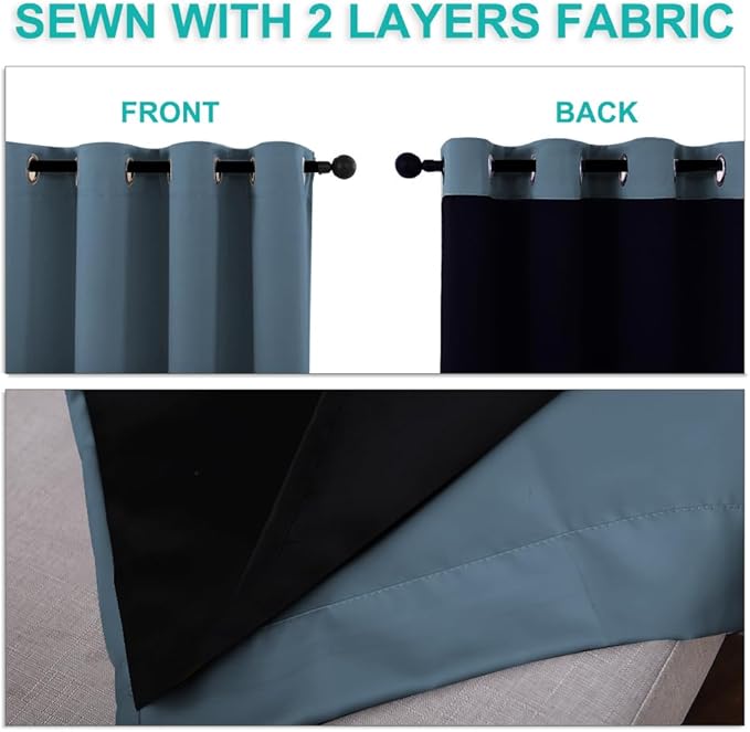 NICETOWN 100% Blackout Window Curtain Panels, Smoky Blue, 2 PCs, 62" Wide Each Panel, Cold and Full Light Blocking Drapes with Black Liner for Nursery, 84" Drop Thermal Insulated Draperies