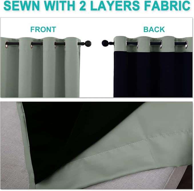 NICETOWN 100% Blackout Window Curtain Panels, Full Light Blocking Drapes with Black Liner for Nursery, 72-inch Drop Thermal Insulated Draperies (Greyish Green, 2 Pieces, 62-inch Wide Per Panel)