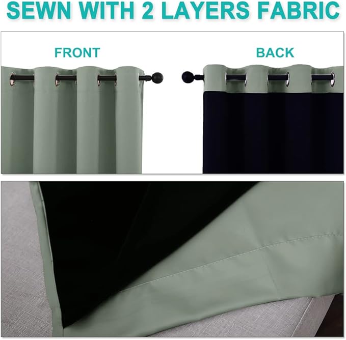 NICETOWN 100% Blackout Window Curtain Panels, Cold and Full Light Blocking Drapes with Black Liner for Nursery, 84" Drop Thermal Insulated Draperies (Greyish Green, 2 Pieces, 70" Wide Each Panel)