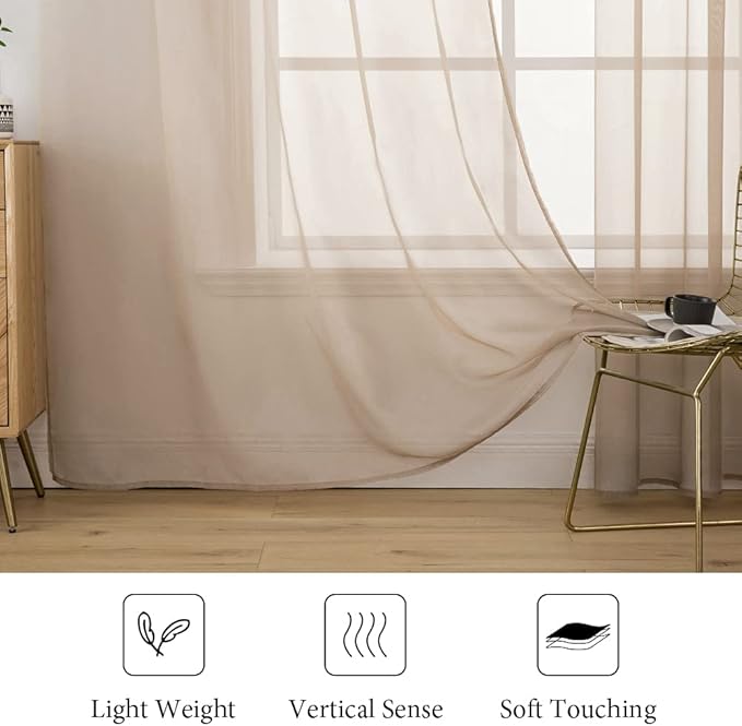 MIULEE 2 Panels Solid Color Sheer Window Curtains Elegant Window Voile Panels/Drapes/Treatment for Bedroom Living Room (54X45 Inches Brown)
