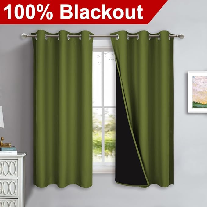 NICETOWN 100% Blackout Short Curtains with Black Liners, 2 Panels, 37" W by 40" L, Olive Green, Solid Thermal Insulated Full Blackout 2-Layer Lined Drapes, Energy Efficiency Window Drapes for Bedroom