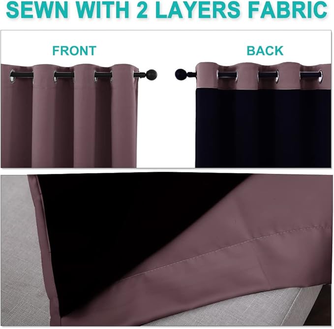 NICETOWN 100% Blackout Window Curtain Panels, Full Light Blocking Drapes with Black Liner for Nursery, 72-inch Drop Thermal Insulated Draperies (Dry Rose, 2 Pieces, 52-inch Wide Per Panel)
