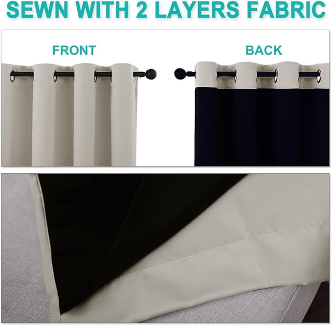 NICETOWN Natural 100% Blackout Lined Curtains, 1 Pair, 37" Width x 50" Length Each Panel, 2 Thick Layers Narrow Wide Window Treatment Panels Thermal Insulated Drapes for Kitchen Small Window
