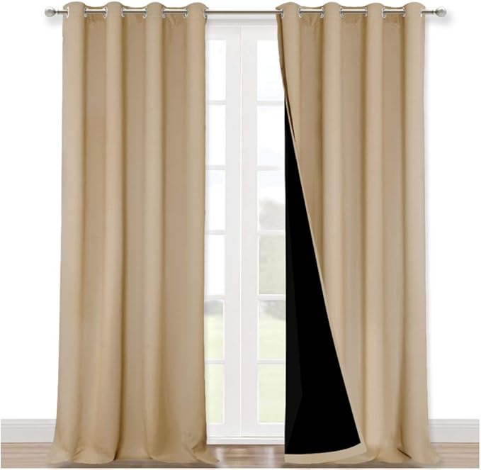 NICETOWN Thermal Insulated 100% Blackout Curtains, Biscotti Beige, 1 Pair, 52 inches x 120 inches, Sound Proof Drapes with Black Backing, Full Light Blocking Panels for Patio Sliding Door