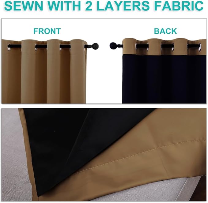 NICETOWN 100% Blackout Curtains 45 inches Long, Gold Brown, 1 Pair, 42 inches Width Each Panel, 2 Thick Layers Completely Blackout Window Treatment Thermal Insulated Lined Drapes for Small Window