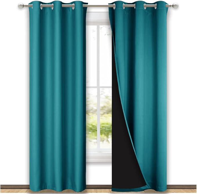 NICETOWN Peacock Teal Blackout Curtains 84 inches Long, Full Light Blocking Drapes with Black Liner for Nursery, Thermal Insulated Draperies for Hall, Villa (2 Pieces, 42" Wide Each Panel)