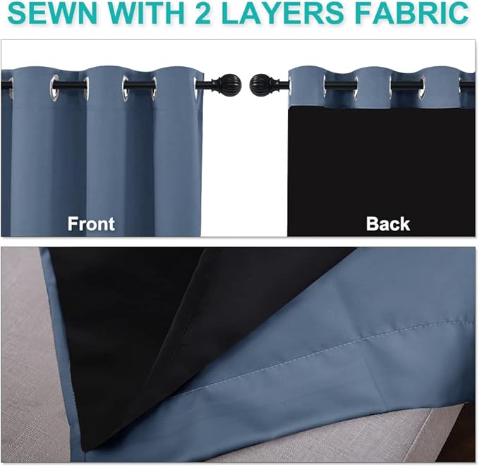 NICETOWN 100% Blackout Curtains Thermal, Stone Blue, 1 Pair, W37 x L80, Noise Reduction and Privacy Curtains for Patio Door, Black Lined Blackout Drapes with Grommet Top