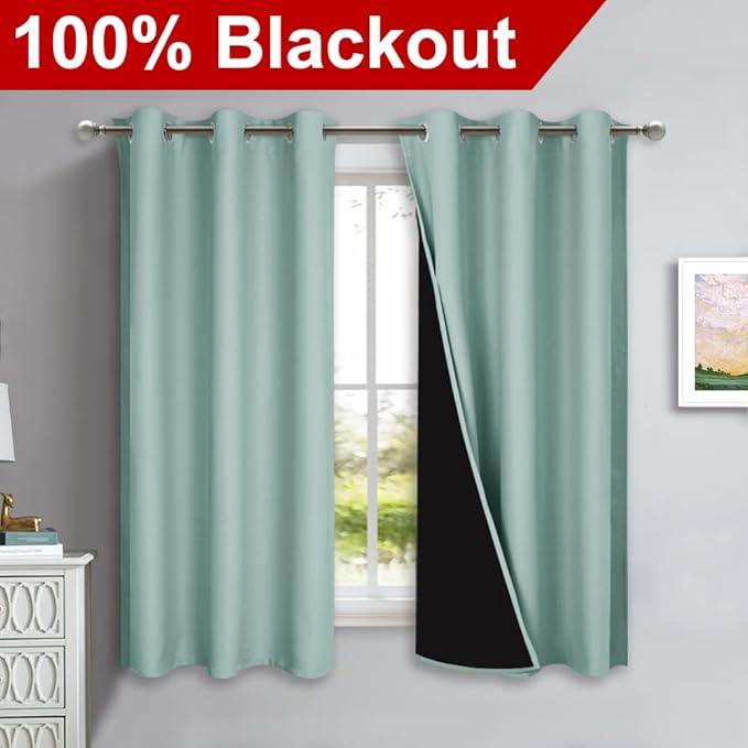 NICETOWN Aqua Blue 100% Blackout Lined Curtains, 2 Thick Layers Completely Blackout Window Treatment Panels Thermal Insulated Drapes for Kitchen (1 Pair, 42" Width x 63" Length Each Panel)