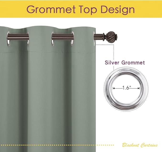 NICETOWN Bedroom Curtain Panels Blackout Draperies, 1 Pair, 34 by 60 inches, Greyish Green, Thermal Insulated Solid Grommet Blackout Curtains/Drapes