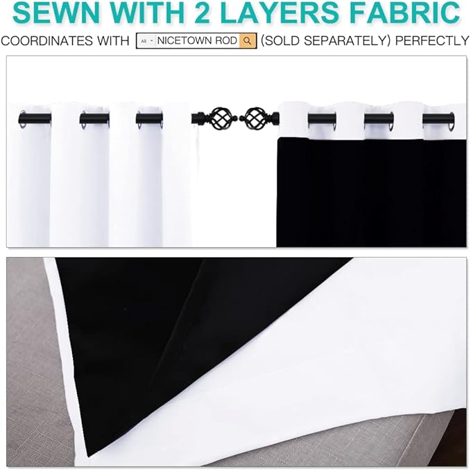 NICETOWN White 100% Blackout Curtains for Windows, Super Heavy-Duty Black Lined Total Darkness Drapes for Bedroom, Privacy Assured Window Treatment for Patio (Pack of 2, 52 inches W x 108 inches L)