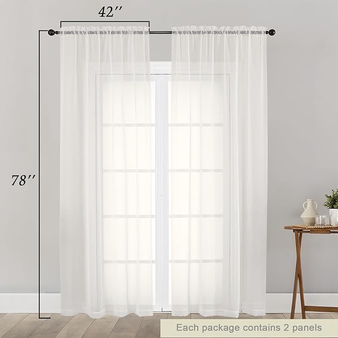 Ivory Sheer Curtain for Bedroom Living Room 78 Inches Long 2 Panels Set, Solid Soft Airy Light Filtering Sheer Window Curtains, Modern Rod Pocket Door Curtain, Ivory, 42" Wx78 L Inches