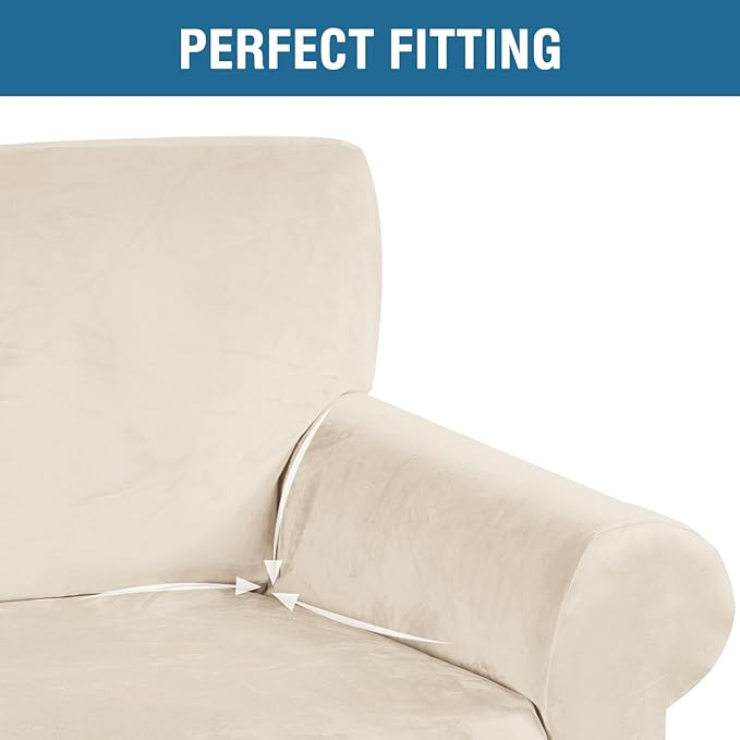H.VERSAILTEX Stretch Velvet Sofa Covers for 3 Cushion Couch Covers Furniture Protector Soft with Non Slip Elastic Bottom, Crafted from Thick Comfy Rich Velour (Sofa 72"-90", Cream)