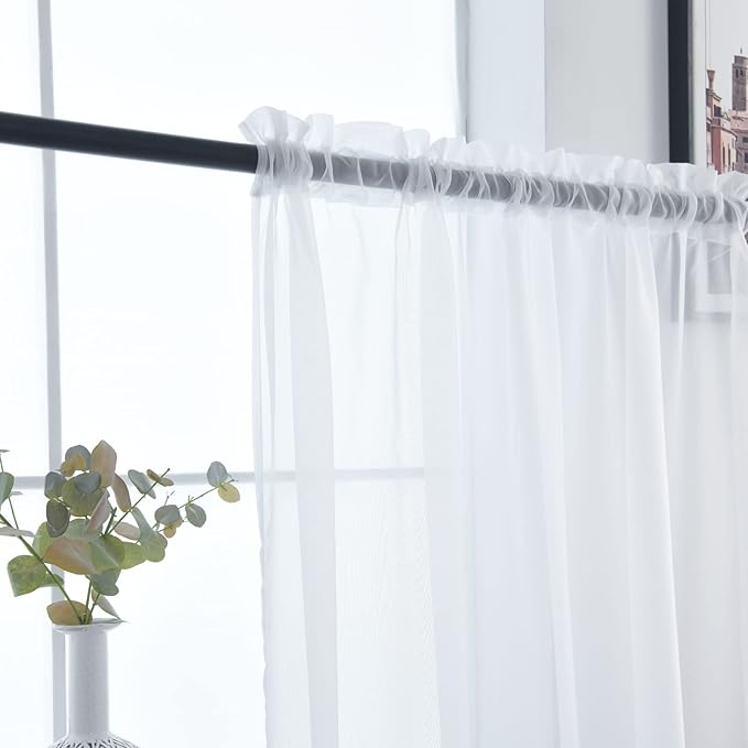 SpaceDresser Sheer Voile Window Treatment Rod Pocket Curtain Panels for Kitchen Bedroom Living Room Drapes Sunlight Filtering Privacy Semi Home Decor Assorted (White, 52 W x 118 L)