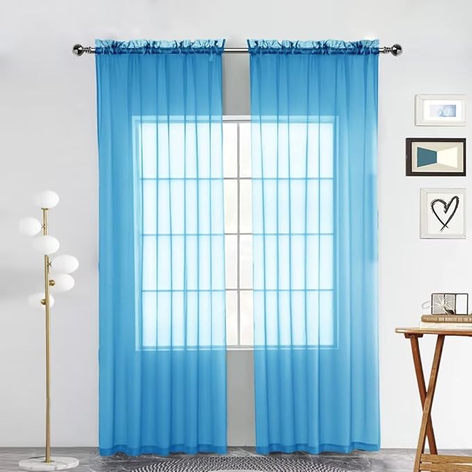 SpaceDresser Sheer Voile Window Treatment Rod Pocket Curtain Panels for Kitchen Bedroom Living Room Drapes Sunlight Filtering Privacy Semi Home Decor Assorted Colors Sizes (Cyan Blue, 52 W x 45 L)