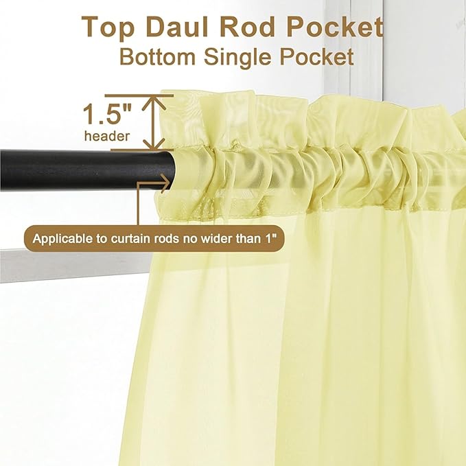 Chyhomenyc Sheer Curtains 36 inch Length 2 Panels Set - Light Filtering Voile Rod Pocket Short Window Curtians for Bathroom Living Room Farmhouse Small Windows, 42Wx36L inches, Light Yellow