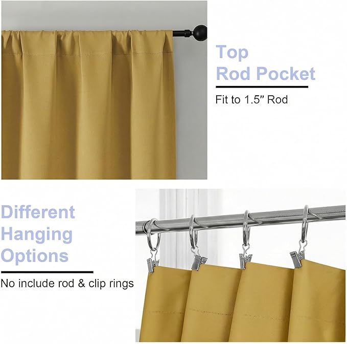 Simplebrand Ava Bright Gold Blackout Curtains for Bedroom 84 Inch Length 2 Panels Set, Solid Thermal Insulated Privacy Living Room Window Treatment Curtains Blackout Drapes, W50 x L84 Inch