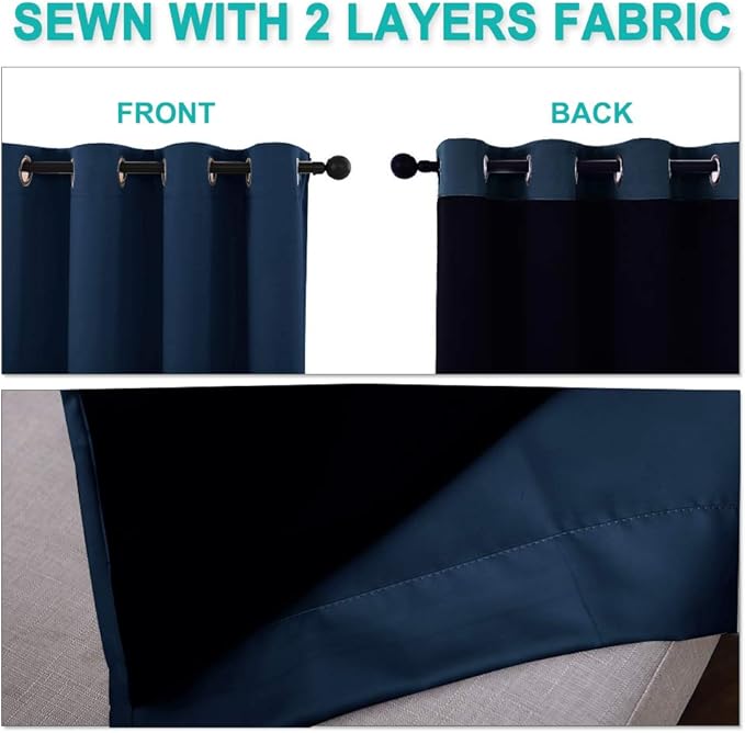 NICETOWN Full Shading Curtains 90 inches Long 2 Panels Set for Windows, Super Heavy-Duty Black Lined Blackout Curtains for Bedroom, Privacy Assured Window Treatment (Navy Blue, 52 inches W)