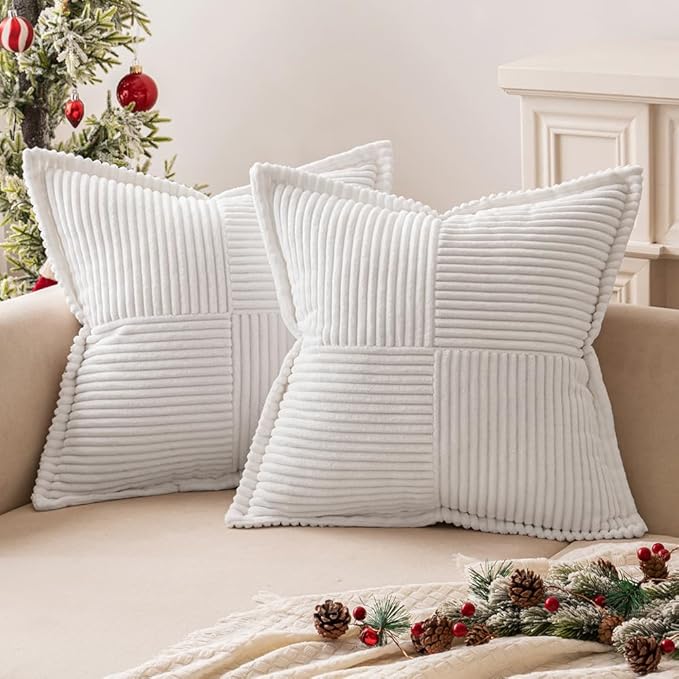 MIULEE Decorative Euro Sham Throw Pillow Covers for Couch Bed Livingroom 24x24 Inch Set of 2 White Boho Accent Throw Pllows Broadside Striped Patchwork Soft Corduroy Pillowcases