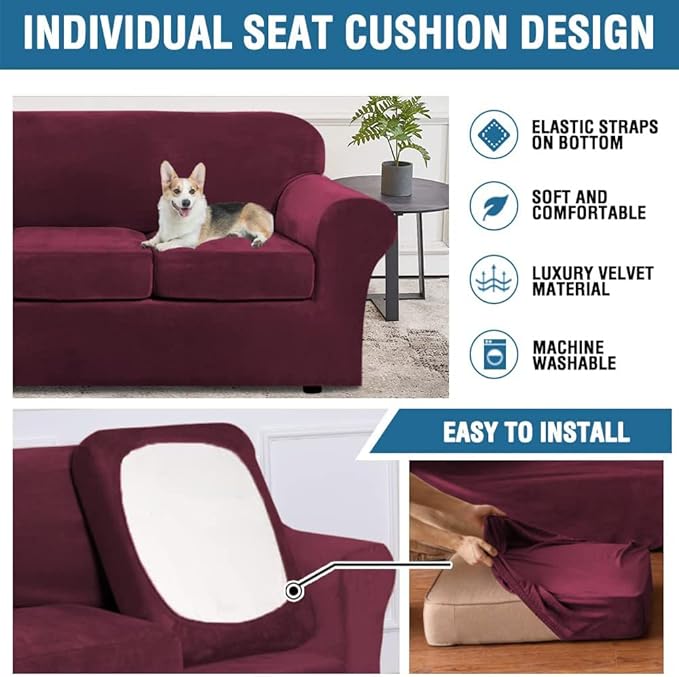 H.VERSAILTEX Real Velvet Plush 3 Piece Stretch Sofa Covers Couch Covers for 2 Cushion Couch Sofa Slipcovers Width Up to 90 Inch Feature Thick Soft Stay in Place (Large Sofa, Burgundy)