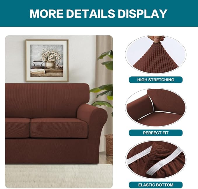 Turquoize 3 Piece Sofa Covers For 2 Cushion Couch Sofa Slipcover Soft Couch Cover For Dogs-Washable Sofa Furniture Cover With 2 Individual Cushion Covers, Thick Jacquard Fabric (Loveseat, Burnt Brick)