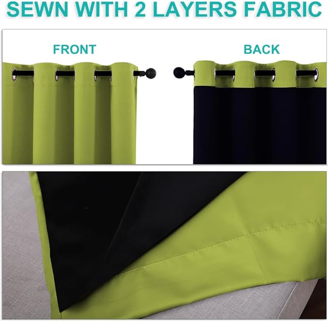 NICETOWN 100% Blackout Short Curtains with Black Liners, 2 Panels, 37" W by 50" L, Fresh Green, Solid Thermal Insulated Full Blackout 2-Layer Lined Drapes, Energy Efficiency Window Drapes for Bedroom