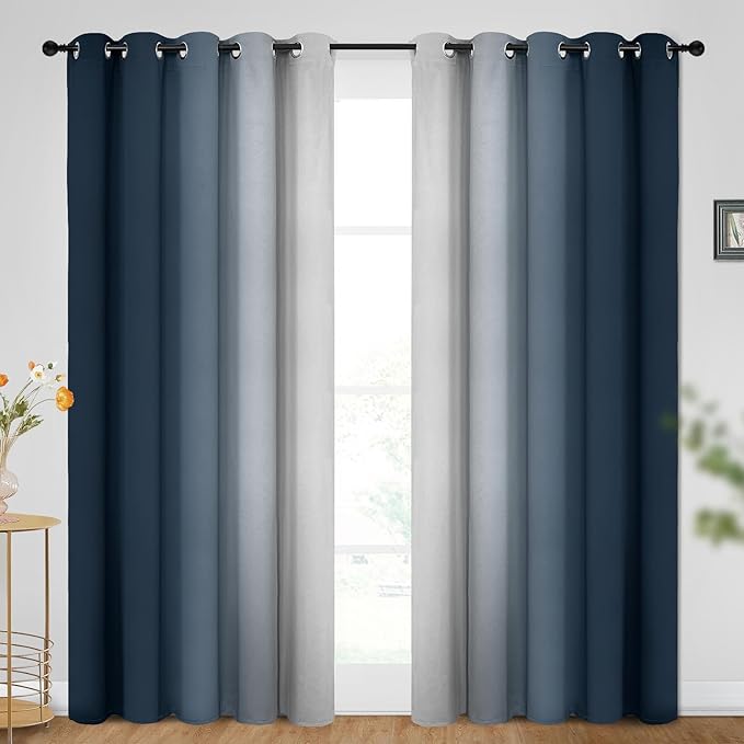 SimpleHome Ombre Room Darkening Curtains for Bedroom, Gradient Navy Blue to Grey White Light Blocking Thermal Insulated Grommet Window Curtains/Drapes for Living Room,2 Panels, 62x96 inches Length
