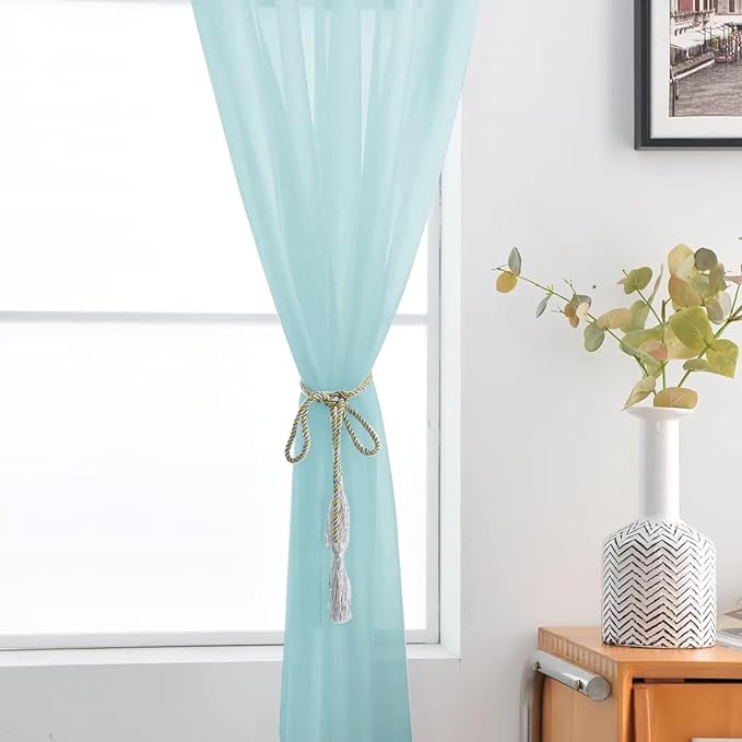 SpaceDresser Basic Rod Pocket Sheer Voile Window Curtain Panels Sky Blue 1 Pair 2 Panels 52 Width 90 Inch Long for Kitchen Bedroom Children Living Room Yard（Sky Blue, 52W x 90L）
