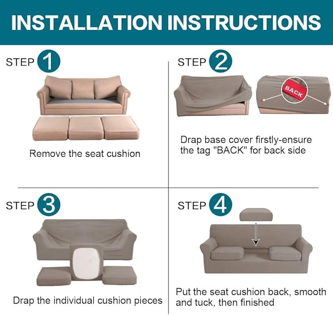Turquoize 4 Piece Sofa Covers for 3 Cushion Couch Sofa Slipcover Soft Couch Cover for Dogs Washable Furniture Cover with 3 Individual Large Cushion Covers Feature Fabric (Large Sofa, Taupe)