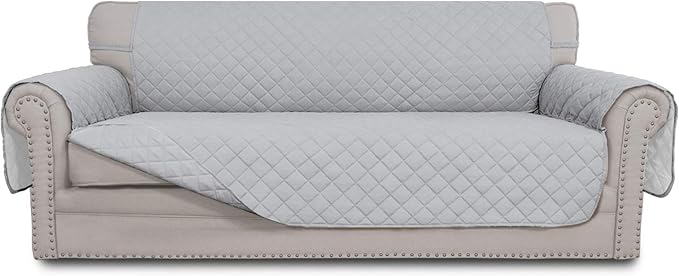 Easy-Going 4 Seater Sofa Slipcover Reversible Sofa Cover Water Resistant Couch Cover with Foam Sticks Elastic Straps Furniture Protector for Pets Children Dog (XX-Large, Light Gray/Light Gray)
