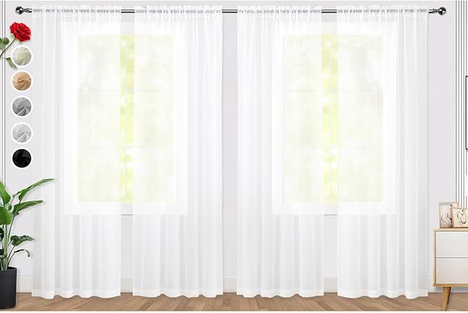 SpaceDresser Sheer White Curtains 4 Panels Rod Pocket Semi-Sheer Curtain 54 Inches Long Light Filtering Voile Window Drapes for Bedroom Living Room Kitchen, Each 52W x 54L
