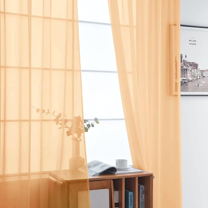 SpaceDresser Sheer Voile Window Treatment Rod Pocket Curtain Panels for Kitchen Bedroom Living Room Drapes Sunlight Filtering Privacy Semi Home Decor Assorted Colors Sizes (Beige, 52 W x 90 L)
