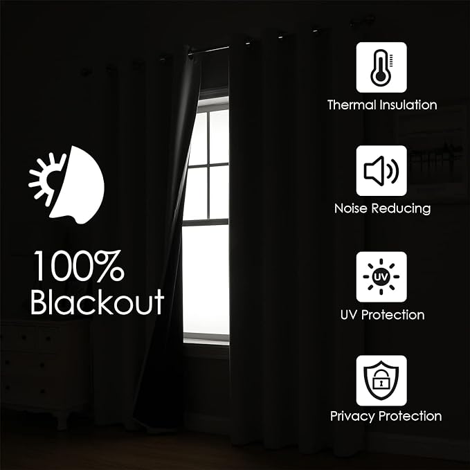 ChrisDowa White 100% Blackout Curtains for Bedroom with Black Liner, 2 Thick Layers Total Blackout Thermal Insulated Grommet Small Window Curtains 2 Panels Set (Pure White, 42 x 54 Inch)