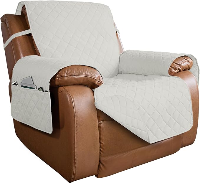 PureFit Reversible Quilted Sofa Cover, Water Resistant Slipcover Furniture Protector, Washable Couch Cover with Non Slip and Elastic Straps for Kids, Dogs, Pets (Oversized Recliner, Ivory/Ivory)