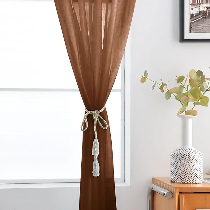 SpaceDresser Sheer Voile Window Treatment Rod Pocket Curtain Panels for Kitchen Bedroom Living Room Drapes Sunlight Filtering Privacy Semi Home Decor Assorted (Brown, 52 W x 96 L)